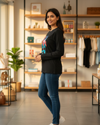 Woman standing in a store with shelves and clothing in the background