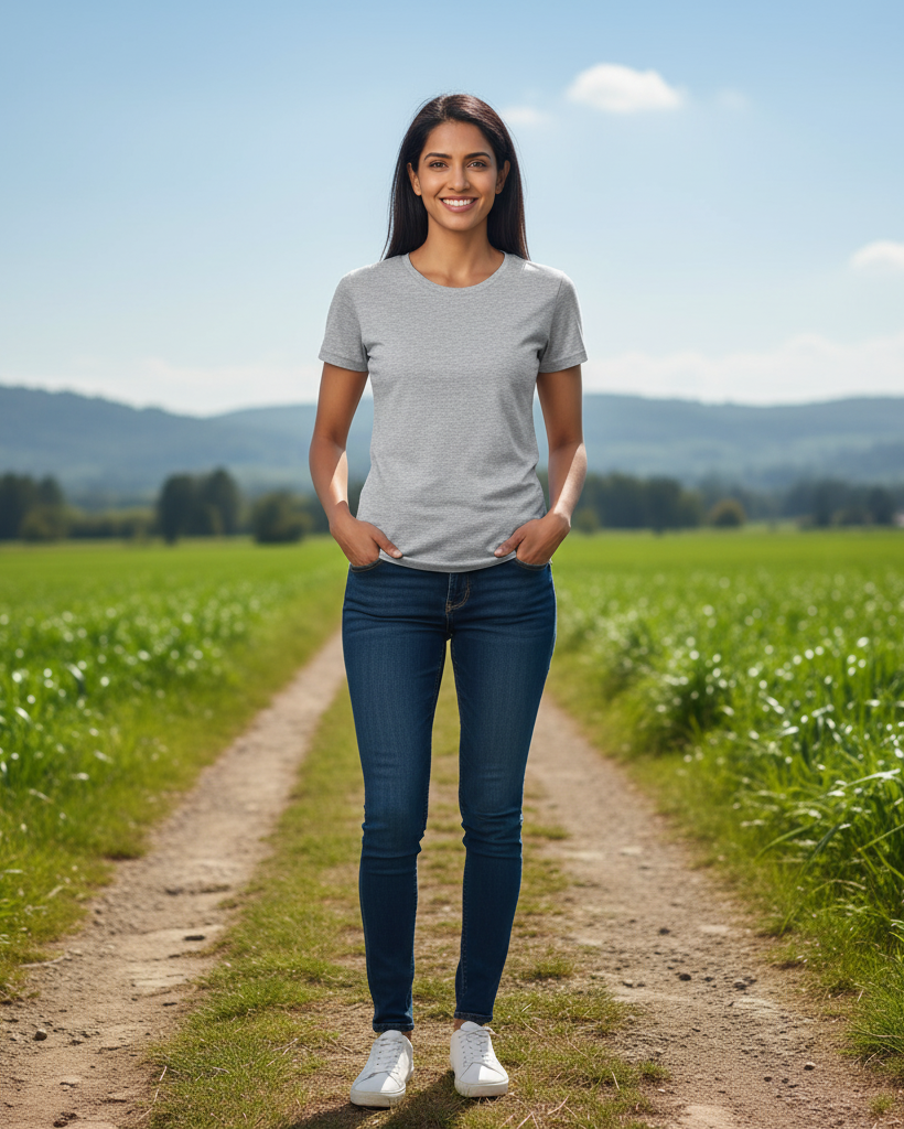Woman standing on a dirt path in a green field with mountains in the background