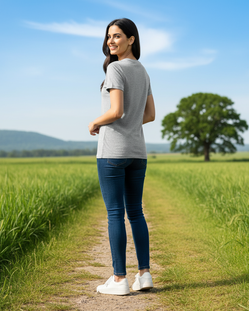 Woman standing on a path in a green field with a clear blue sky