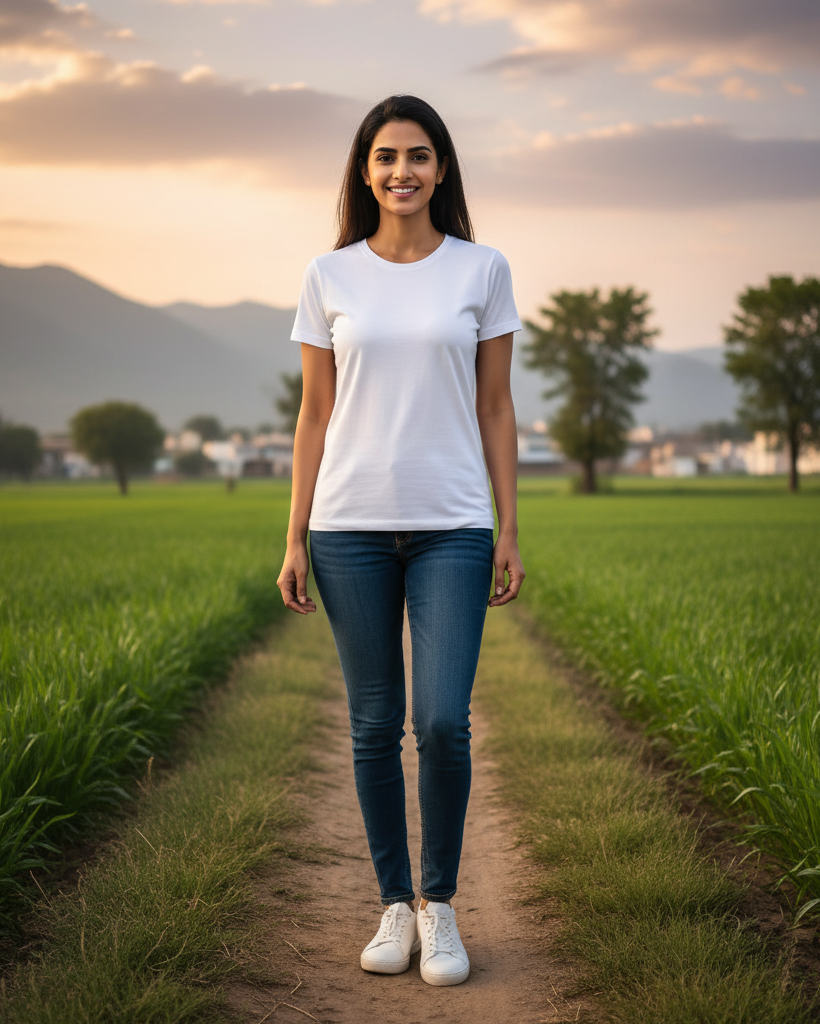 Woman standing on a path in a green field with mountains in the background