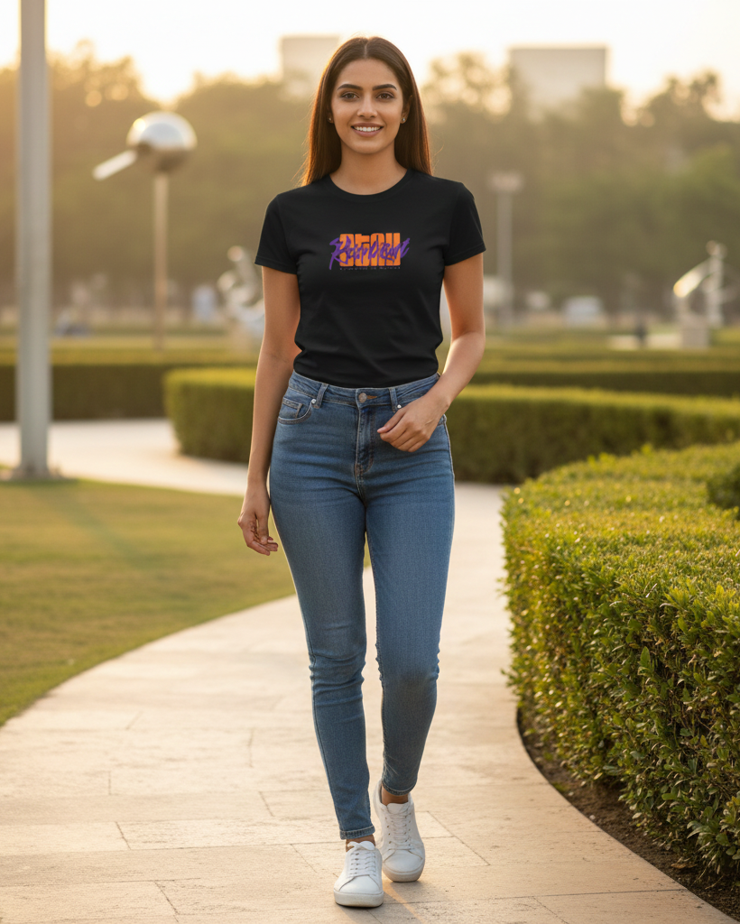 Woman walking on a path in a park wearing a black t-shirt and blue jeans.