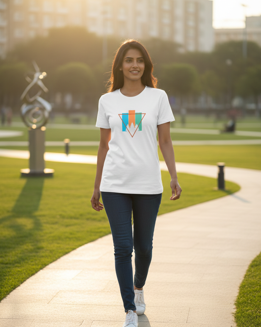 Woman walking on a path in a park wearing a white t-shirt with a geometric design.