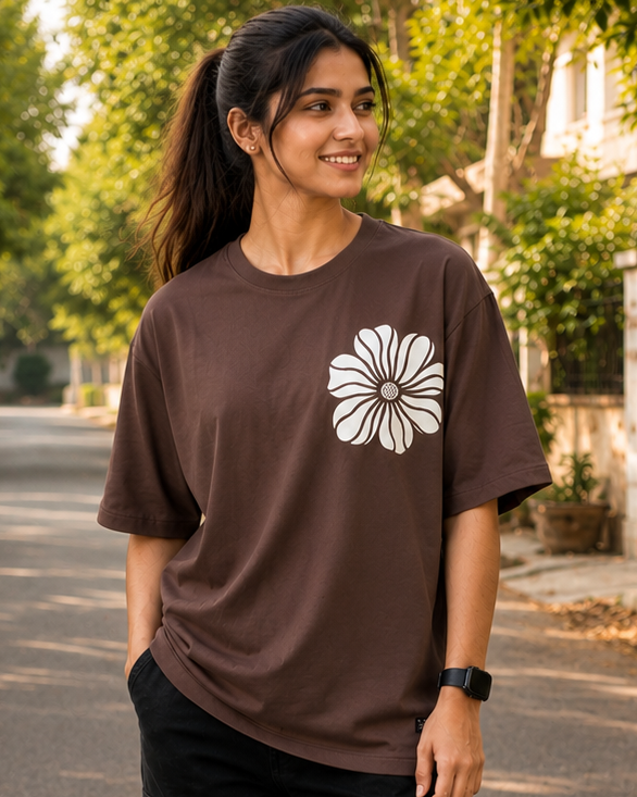 Young Woman wearing a White Floral Brown Oversized T-shirt