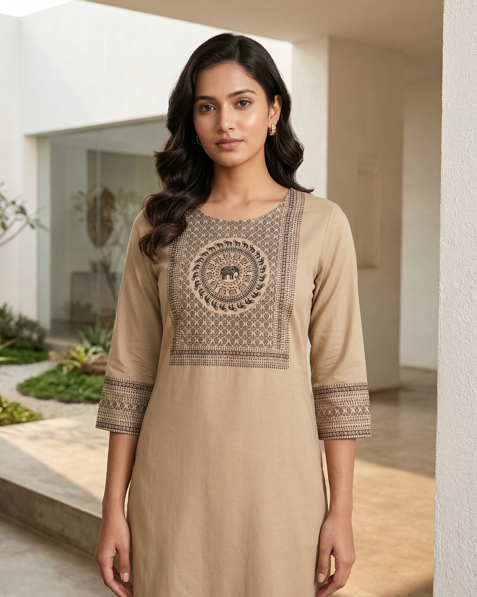 Woman wearing a beige kurta with intricate patterns in an outdoor setting