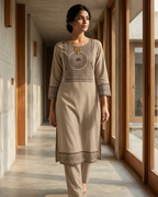 Woman wearing a beige traditional outfit with intricate patterns in a modern architectural setting.