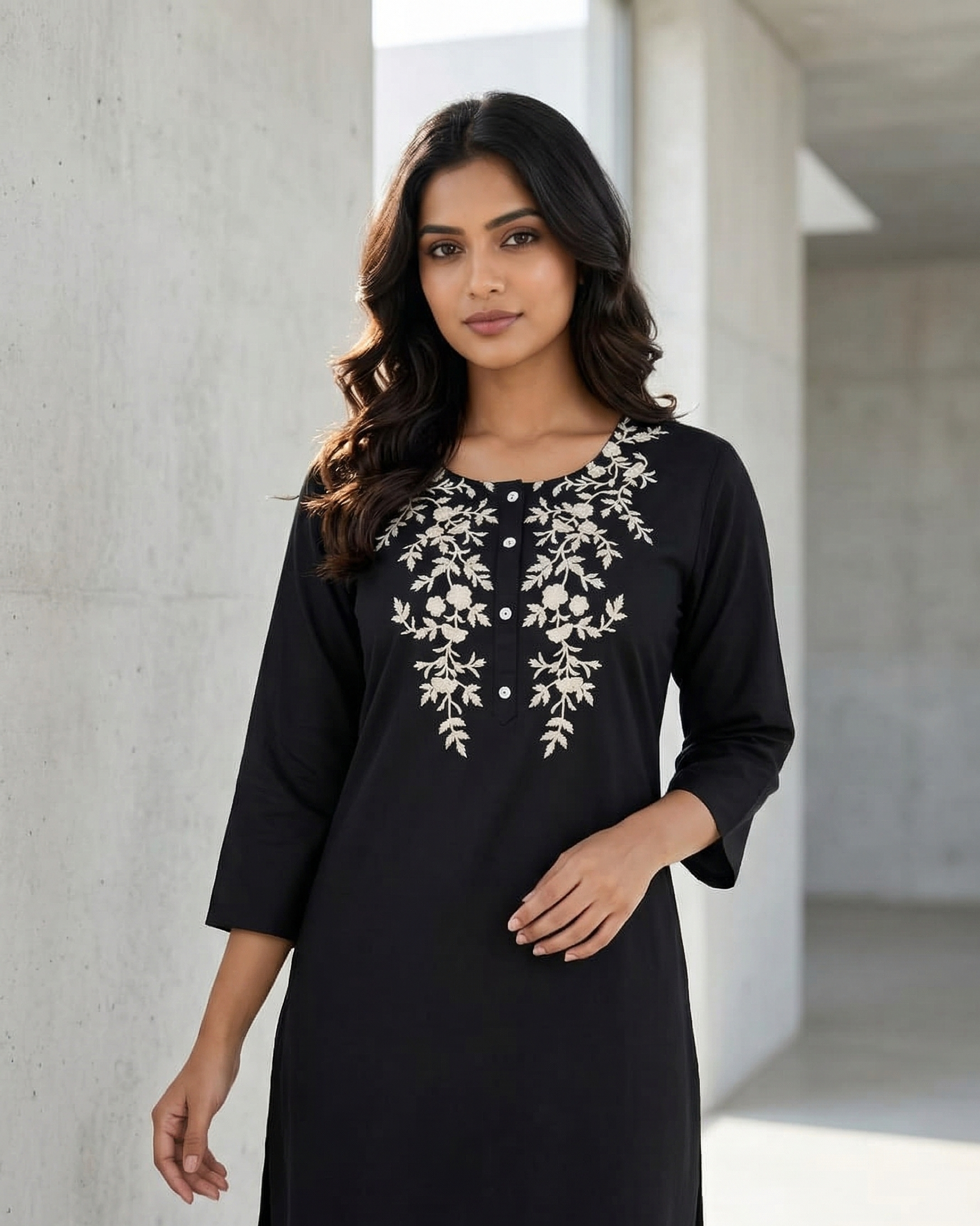 Woman wearing a black dress with white embroidery standing against a light-colored wall.