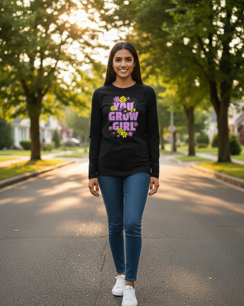 Woman wearing a black long-sleeve shirt with colorful text and blue jeans standing on a tree-lined street.