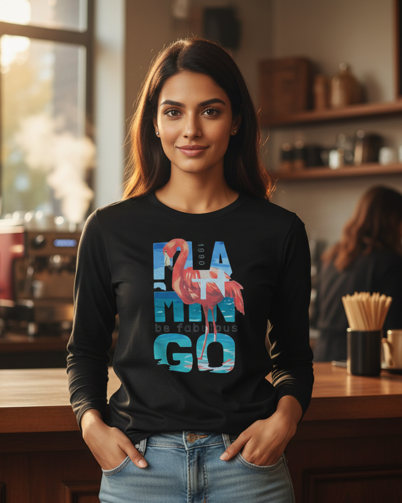 Woman wearing a black long-sleeve shirt with colorful text and flamingo design in a coffee shop.
