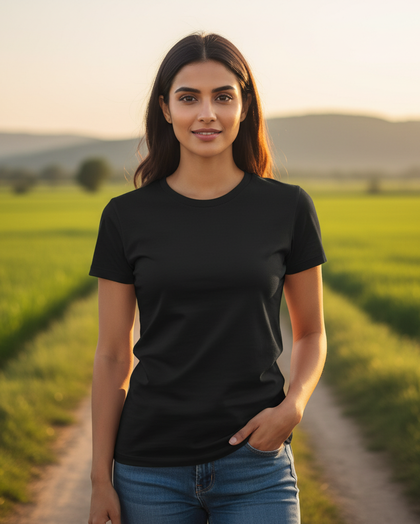 Woman wearing a black t-shirt and blue jeans standing in a field with a scenic background