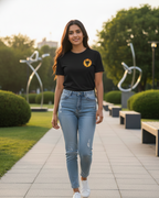 Woman wearing a black t-shirt and light blue jeans walking on a path with sculptures in the background