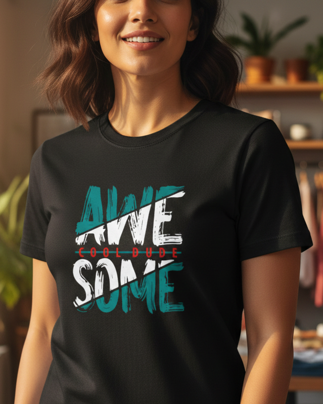 Woman wearing a black t-shirt with 'Awesome' printed on it in a home setting.