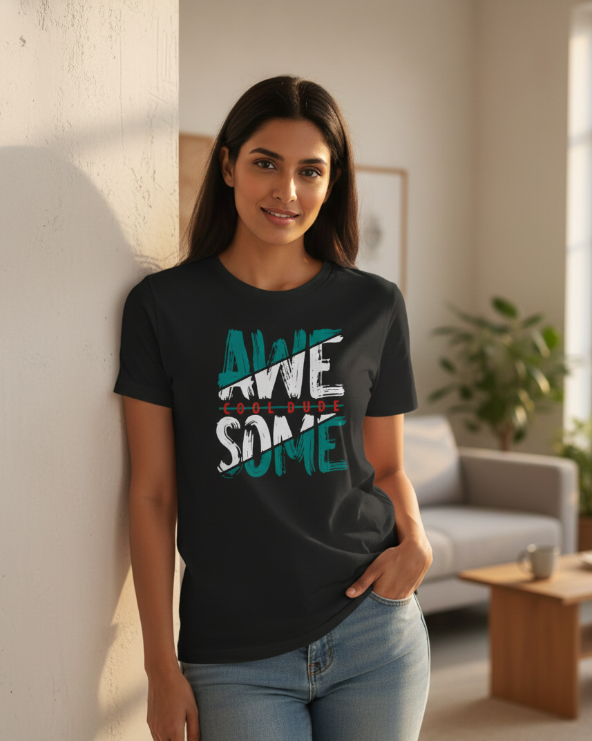 Woman wearing a black t-shirt with 'Awesome' printed on it in a living room.