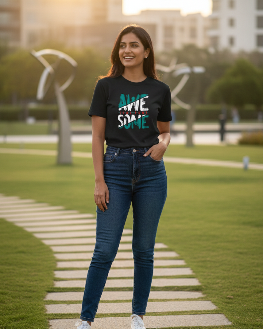 Woman wearing a black t-shirt with 'Awesome' printed on it, standing on a pathway in an outdoor setting.