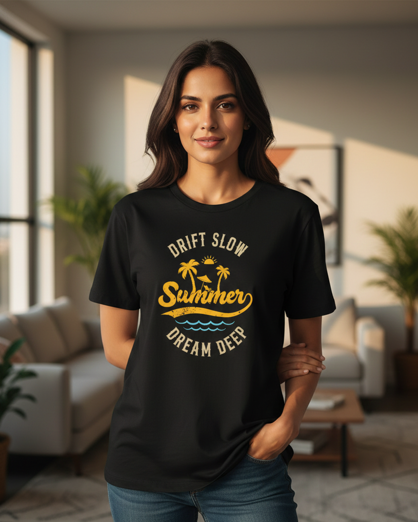 Woman wearing a black t-shirt with 'Drift Slow Summer Dream Deep' text and palm tree graphics in a living room.