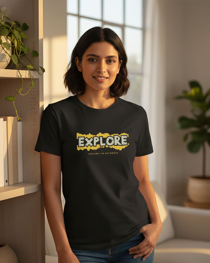Woman wearing a black t-shirt with 'EXPLORE' printed on it in a home setting.