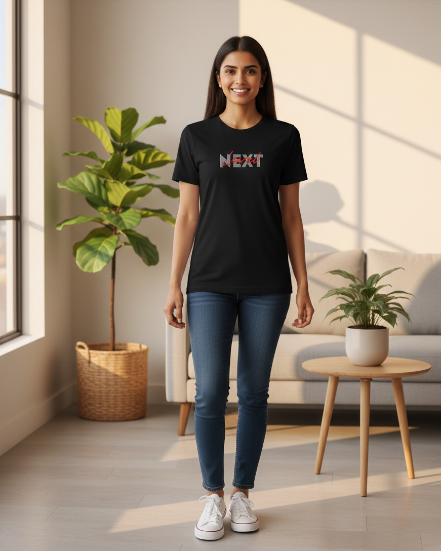 Woman wearing a black t-shirt with 'NEXT' printed on it in a living room.