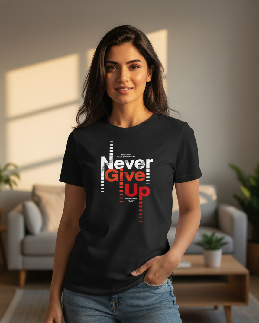 Woman wearing a black t-shirt with 'Never Give Up' text in a living room.