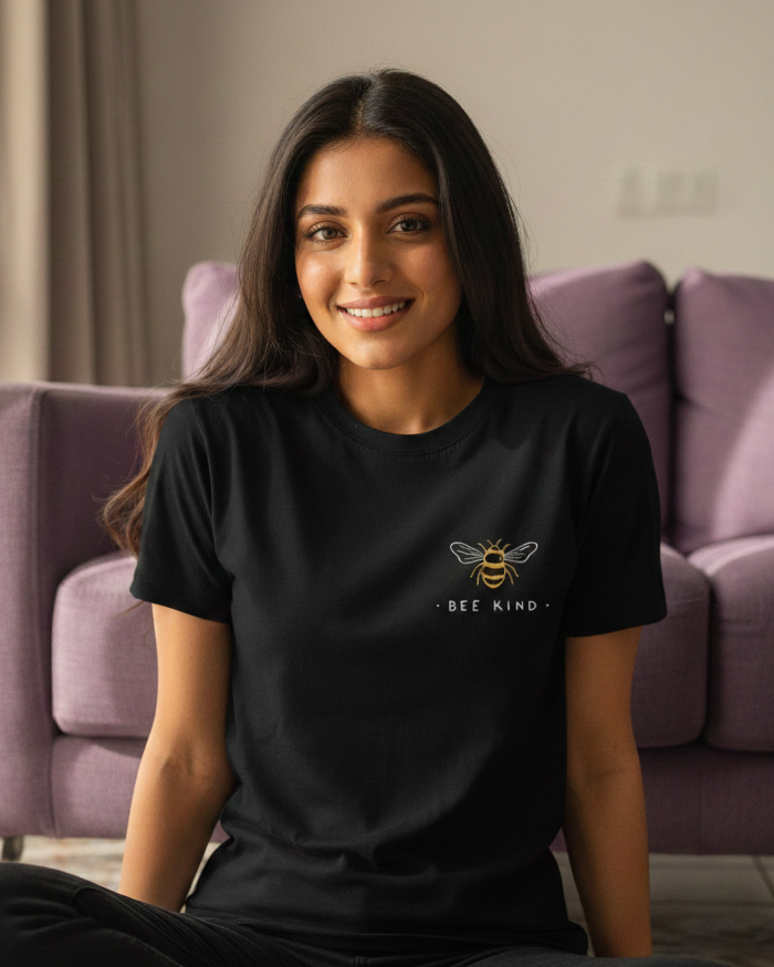 Woman wearing a black t-shirt with a bee logo sitting in a living room.