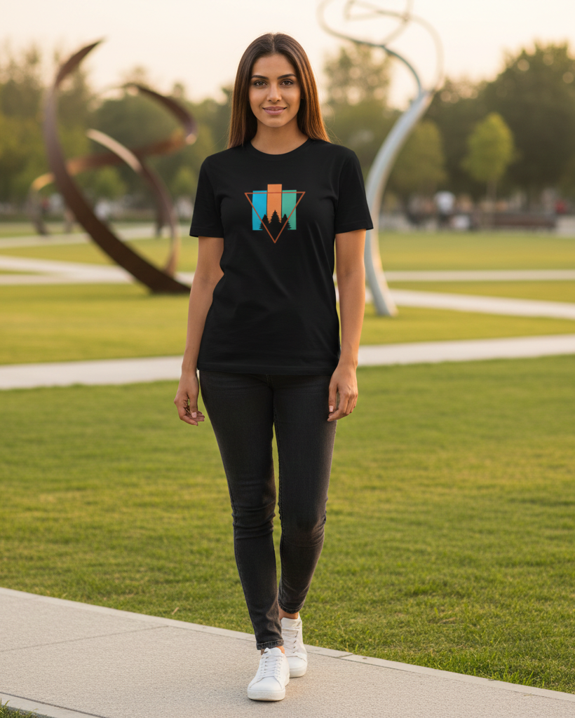 Woman wearing a black t-shirt with a colorful design in an outdoor setting