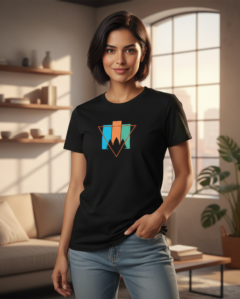 Woman wearing a black t-shirt with a colorful geometric design in a living room.