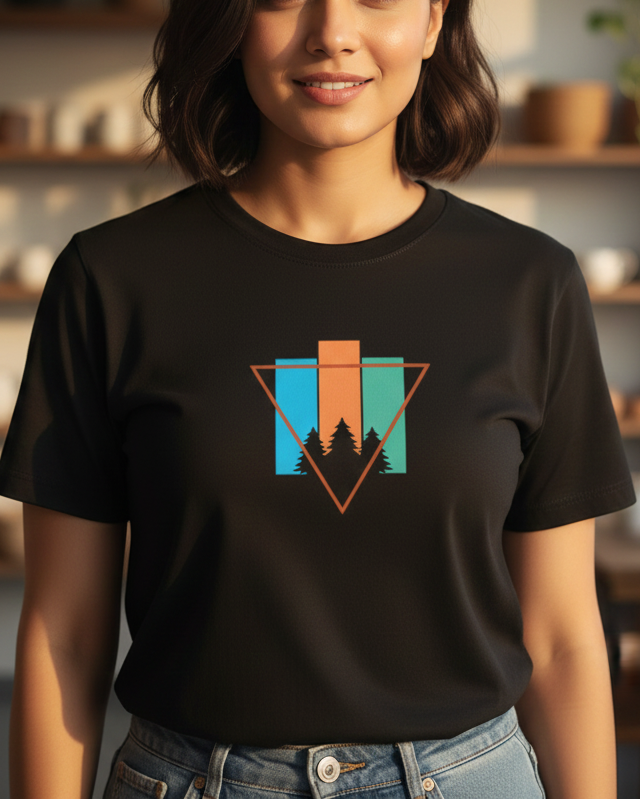 Woman wearing a black t-shirt with a colorful geometric design in a room with shelves and plants.