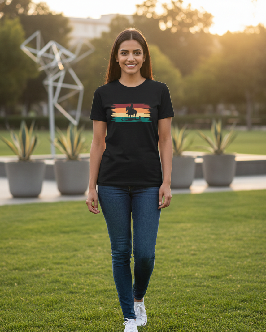 Woman wearing a black t-shirt with a colorful graphic design, standing on grass with plants and a sculpture in the background.