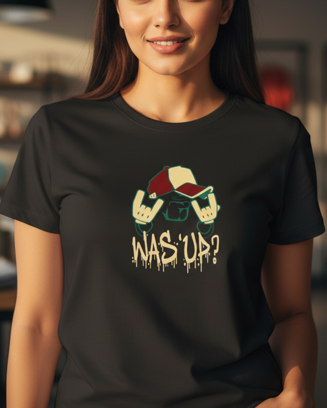 Woman wearing a black t-shirt with a graphic design and text in a casual setting.