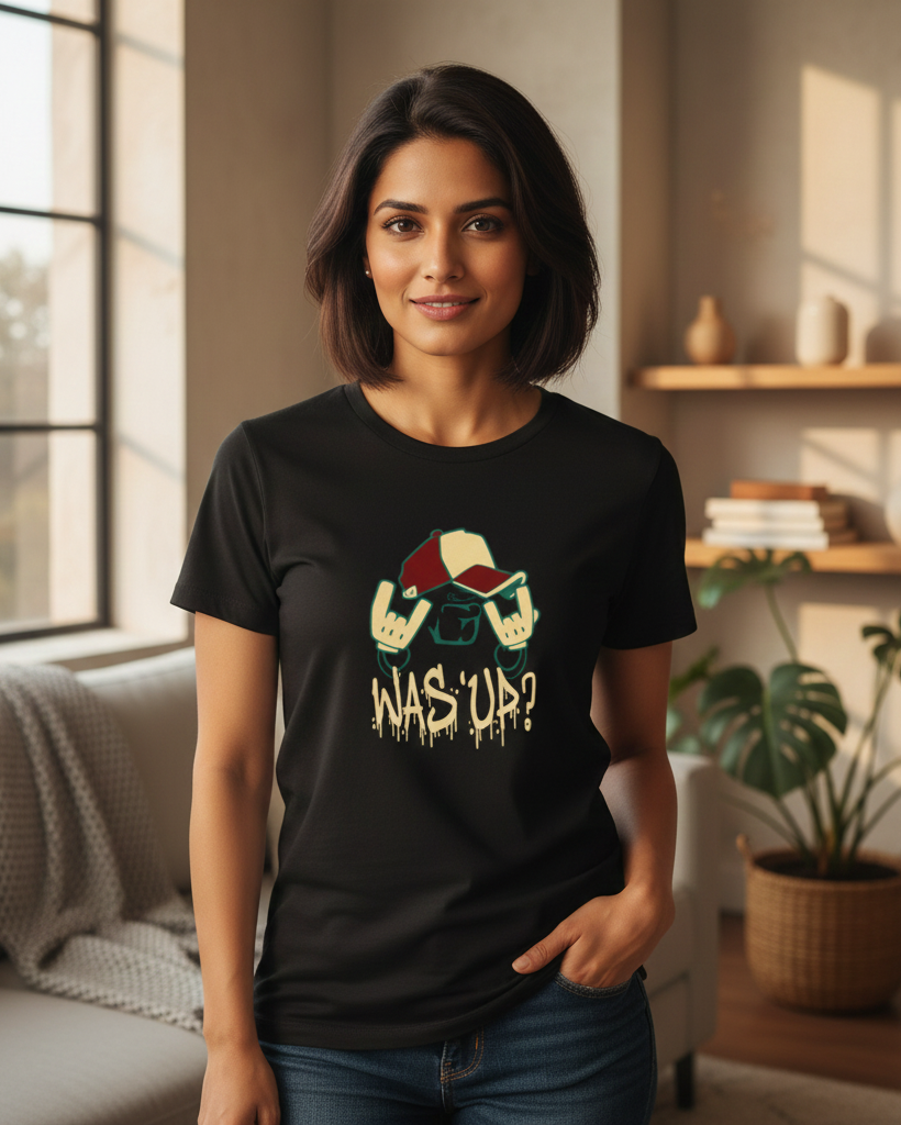 Woman wearing a black t-shirt with a graphic design in a living room.