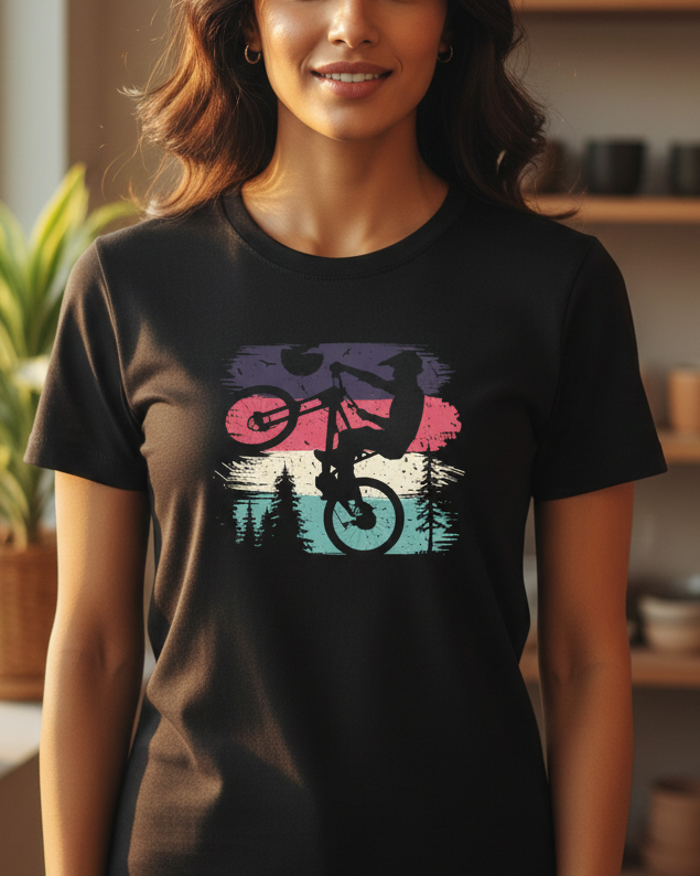 Woman wearing a black t-shirt with a graphic design of a bicycle and trees indoors.