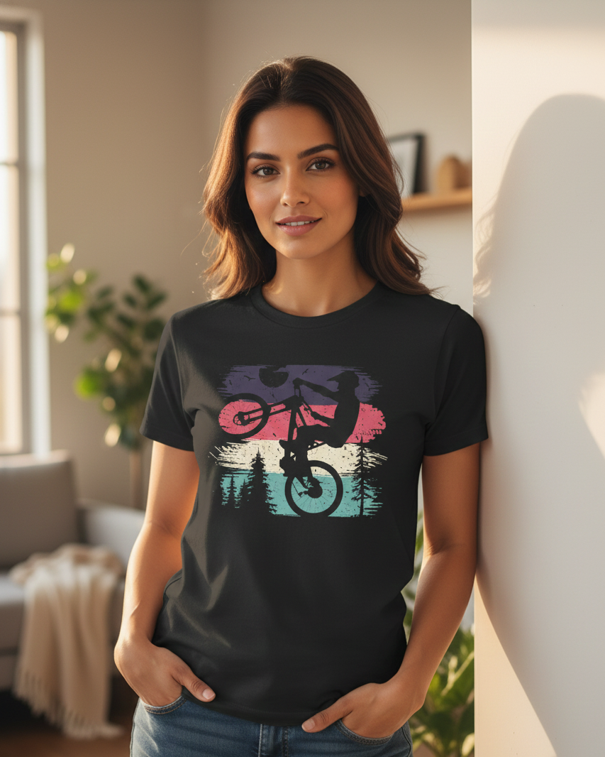 Woman wearing a black t-shirt with a graphic design of a mountain bike and trees indoors.