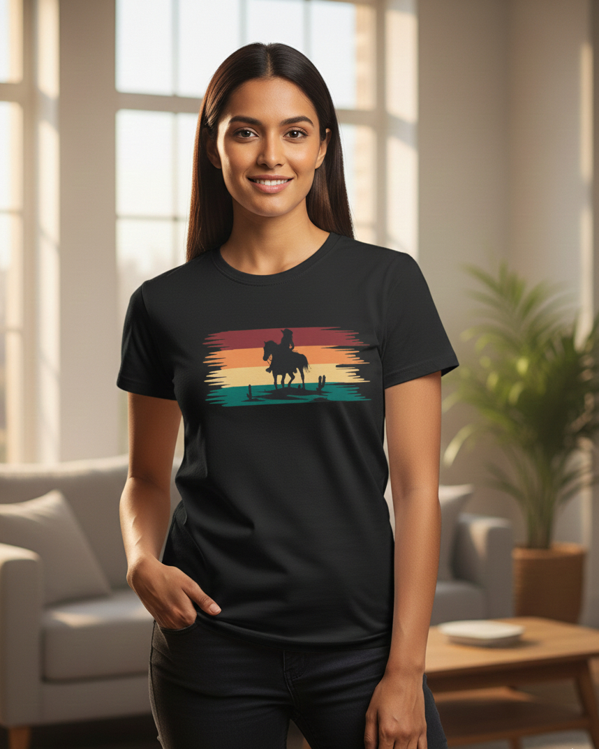 Woman wearing a black t-shirt with a graphic design of a person riding a horse at sunset in a living room.
