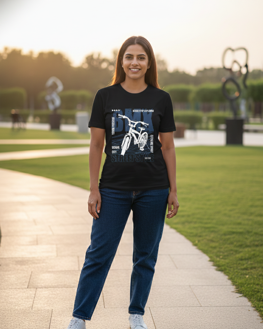 Woman wearing a black t-shirt with a graphic design, standing on a paved path in an outdoor setting.
