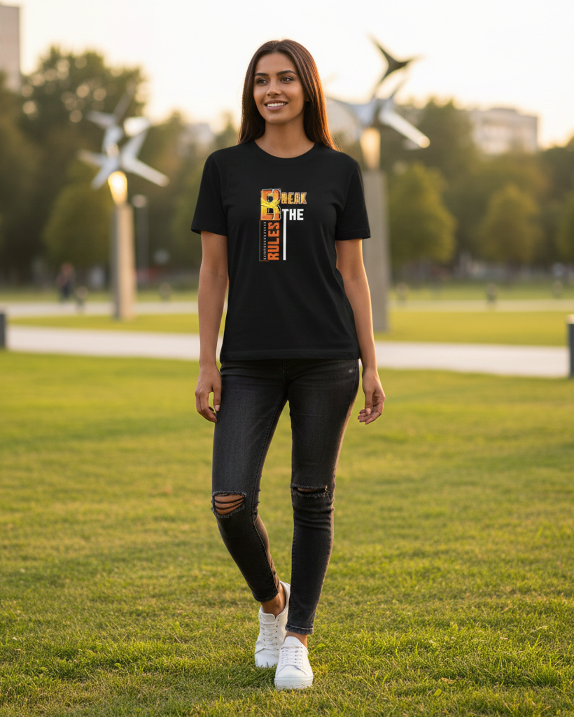 Woman wearing a black t-shirt with a graphic design, standing on grass with trees and sculptures in the background.