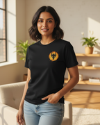 Woman wearing a black t-shirt with a logo in a bright room.