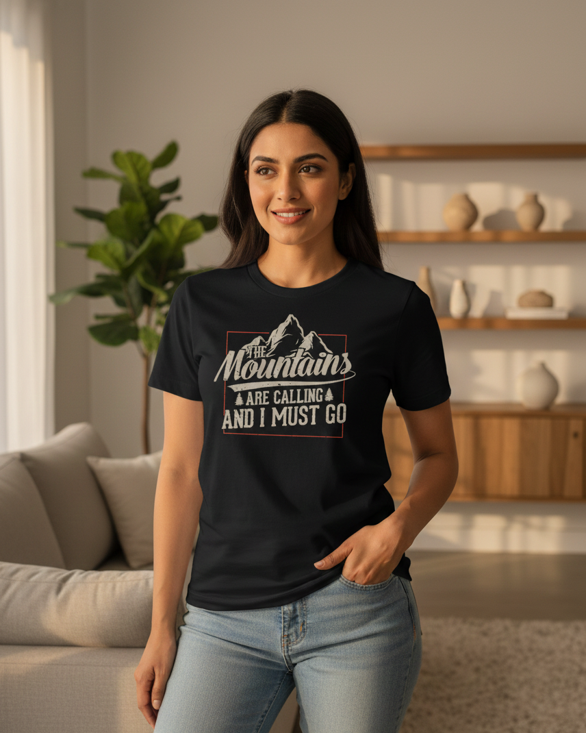 Woman wearing a black t-shirt with a mountain design and text in a living room.