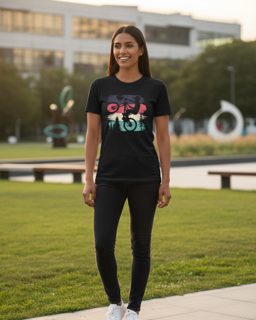 Woman wearing a black t-shirt with colorful text design outdoors on a grassy area.
