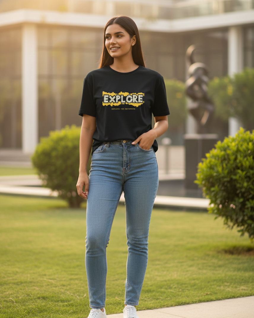 Woman wearing a black t-shirt with text and blue jeans standing outdoors.