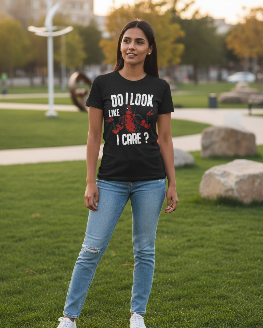 Woman wearing a black t-shirt with text and graphics in an outdoor setting
