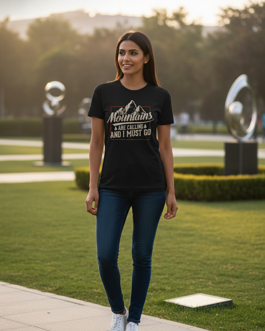 Woman wearing a black t-shirt with text and mountains graphic outdoors
