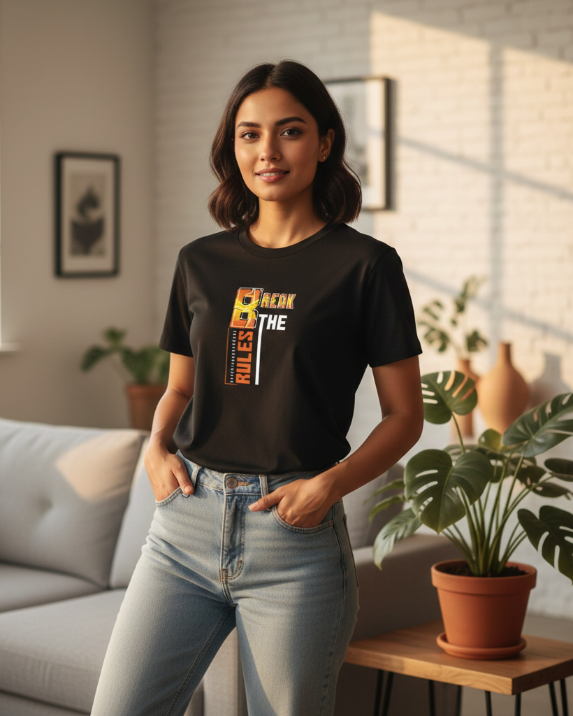 Woman wearing a black t-shirt with text in a modern living room.