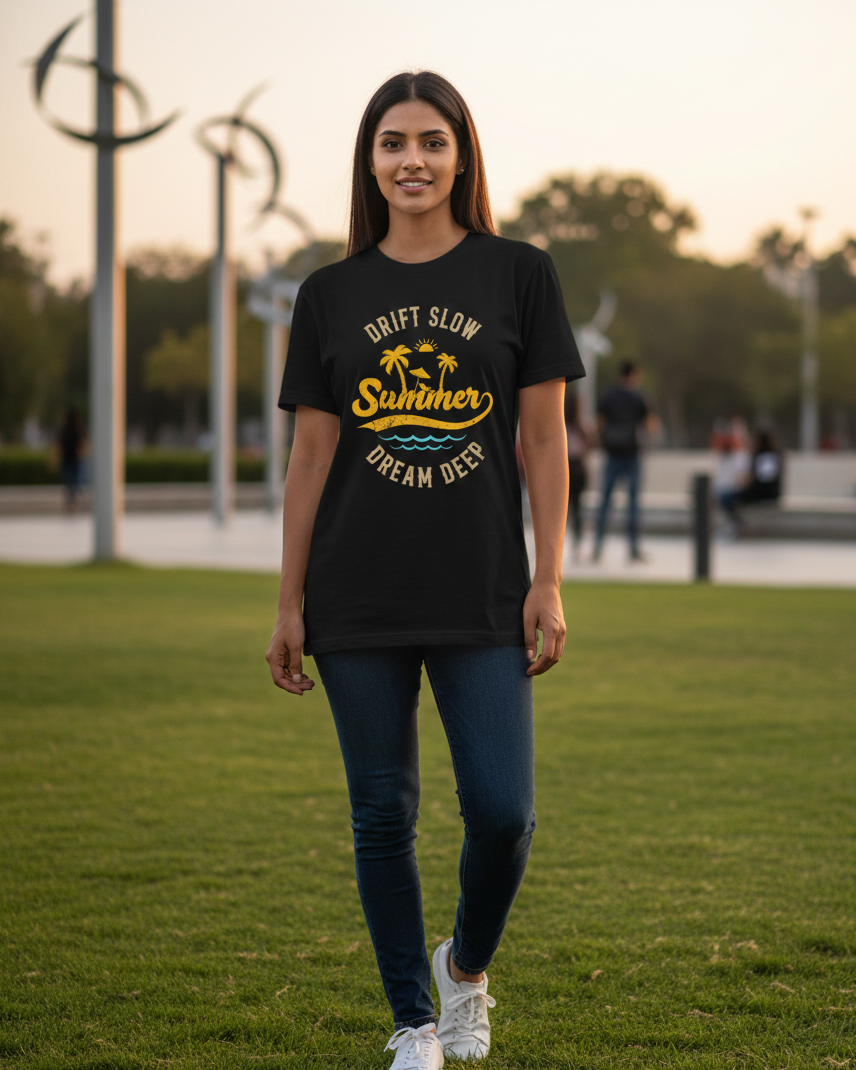 Woman wearing a black t-shirt with yellow text and graphics in an outdoor setting