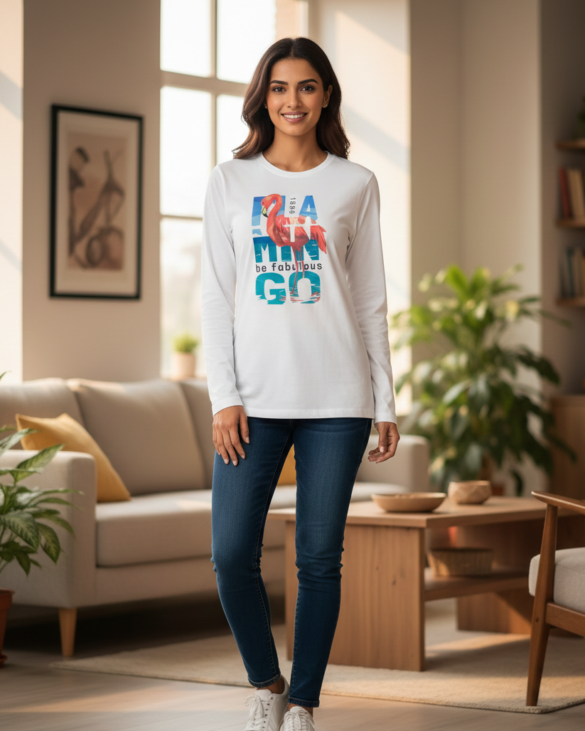 Woman wearing a colorful graphic sweatshirt in a living room