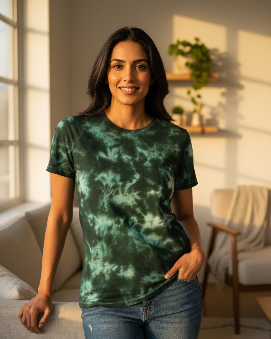 Woman wearing a green tie-dye shirt in a bright living room.