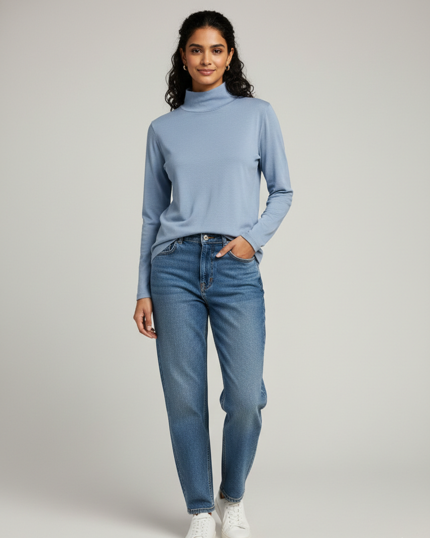 Woman wearing a light blue turtleneck sweater and jeans on a gray background