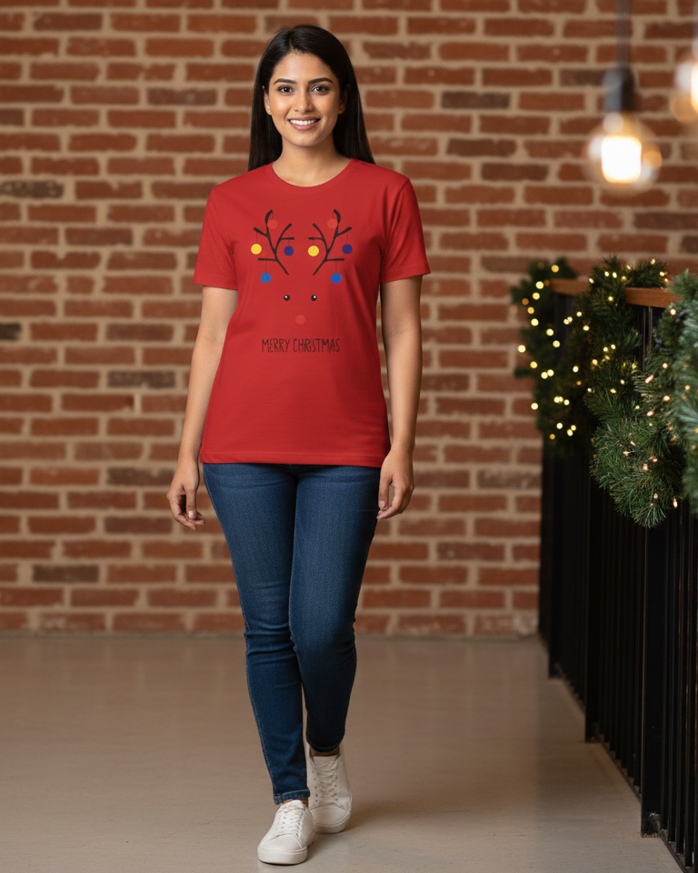 Woman wearing a red t-shirt with a colorful design against a brick wall.