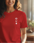 Woman wearing a red t-shirt with a logo in a restaurant setting