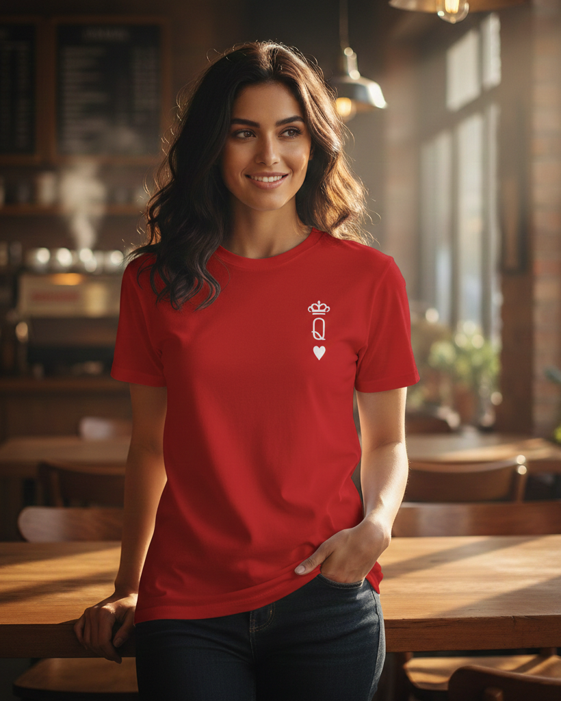 Woman wearing a red t-shirt with a logo in a restaurant setting