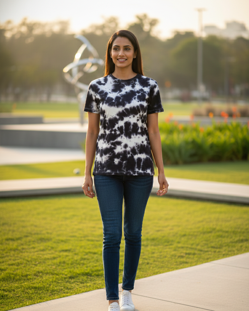 Woman wearing a tie-dye shirt and jeans standing on a path with greenery in the background