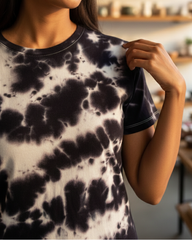 Woman wearing a tie-dye shirt in a cozy indoor setting