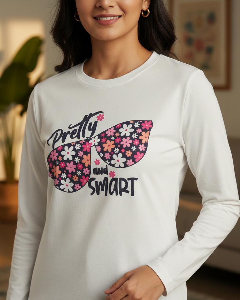 Woman wearing a white long-sleeve shirt with a colorful butterfly design and text.